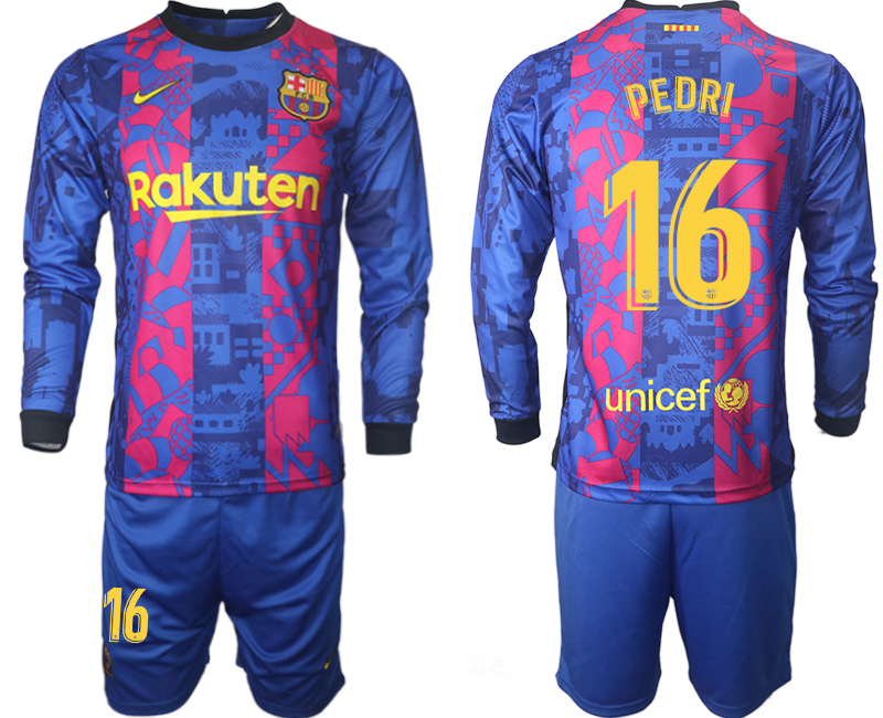 Men 2021-2022 Club Barcelona Second away blue Long Sleeve #16 Soccer Jersey->barcelona jersey->Soccer Club Jersey
